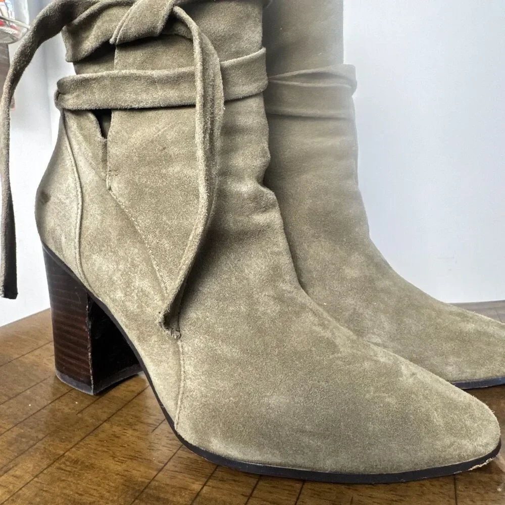 Banana Republic Olive Suede Tie Ankle Boots Women's 8 Wrap Booties Leather